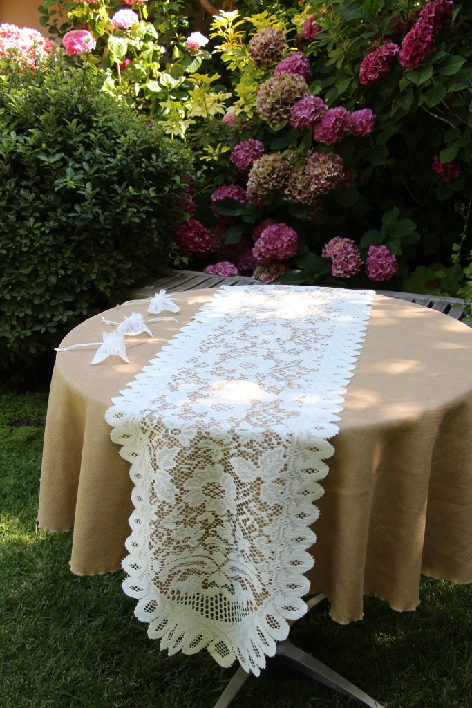Havana Faux Burlap Natural Tablecloth with Lace Table Runner and Party Favor Bags