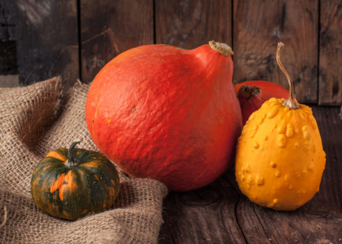 Colorful pumpkins on old wooden table and sackcloth