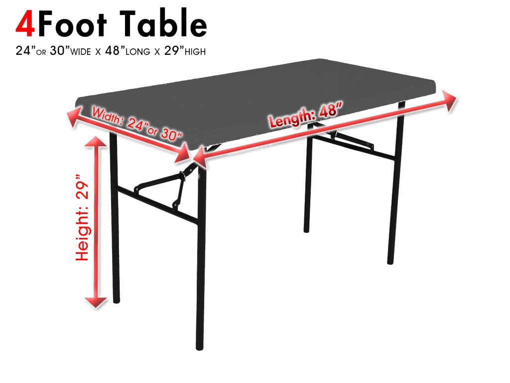 Shown is a picture of a 4 foot table with dimensions.