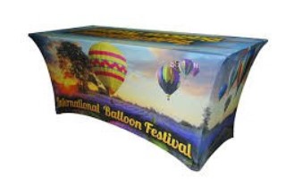 Eight foot logo printed table cloth for trade show and sales kiosk. Branded with hot air balloon theme.